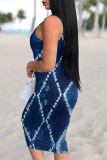 Medium Blue Sexy Faux Denim Print Contrast U Neck Printed Dresses