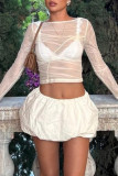 Apricot Sexy Solid Color Patchwork See-Through Ruched O Neck Tops