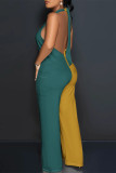Blue Yellow Casual Solid Color Pocket Lace Up Backless Contrast Halter Loose Jumpsuits