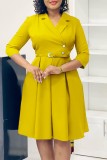 Pink Casual Solid Color With Belt Turndown Collar A Line Dresses