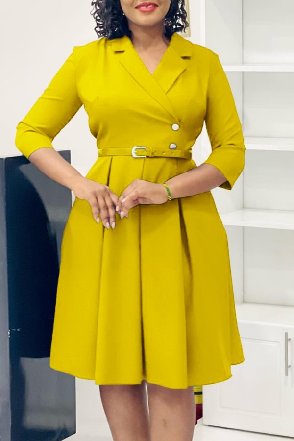 Yellow Casual Solid Color With Belt Turndown Collar A Line Dresses