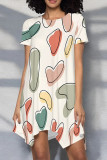 White Sexy Print Patchwork O Neck Irregular Dresses
