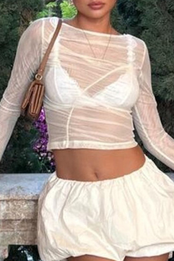 Apricot Sexy Solid Color Patchwork See-Through Ruched O Neck Tops