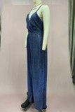 Blue Sexy Casual Solid Color Backless V Neck Bodycon Jumpsuits