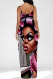 Rose Red Casual Figure Print Backless Spaghetti Strap Long Dresses