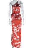 Brown Red Elegant Print Hollow Out Patchwork Backless High Slit Spaghetti Strap Long Dresses