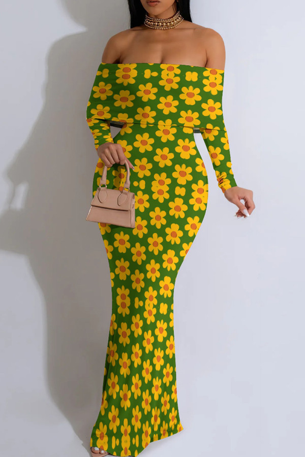 Yellow Sexy Flowers Patchwork Backless Off Shoulder Long Dresses