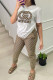 White Casual Letters Pocket Patchwork O Neck Short Sleeve Two Pieces