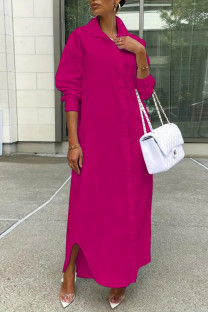 Rose Red Casual Solid Color Buttons Turndown Collar Shirt Dresses
