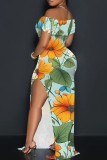 Apricot Elegant Print Patchwork Backless Off Shoulder Long Dresses