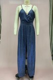 Blue Sexy Casual Solid Color Backless V Neck Bodycon Jumpsuits