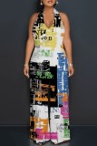 Multicolor Casual Print Backless Belted Halter Fitted Jumpsuits