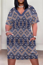 Purple Casual Geometric Print Pocket Contrast V Neck Printed Plus Size Dresses
