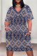 Purple Casual Geometric Print Pocket Contrast V Neck Printed Plus Size Dresses