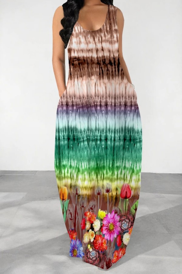 Brown Casual Print Basic U Neck Long Dresses