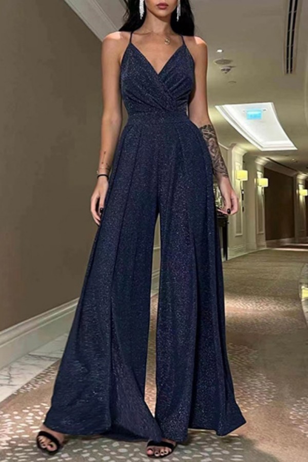 Blue Sexy Casual Solid Color Backless V Neck Bodycon Jumpsuits