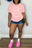 Pink Casual Street Letter Print Contrast O Neck T-Shirts