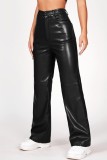 Black Casual Solid Color Patchwork Straight Conventional Solid Color Trousers