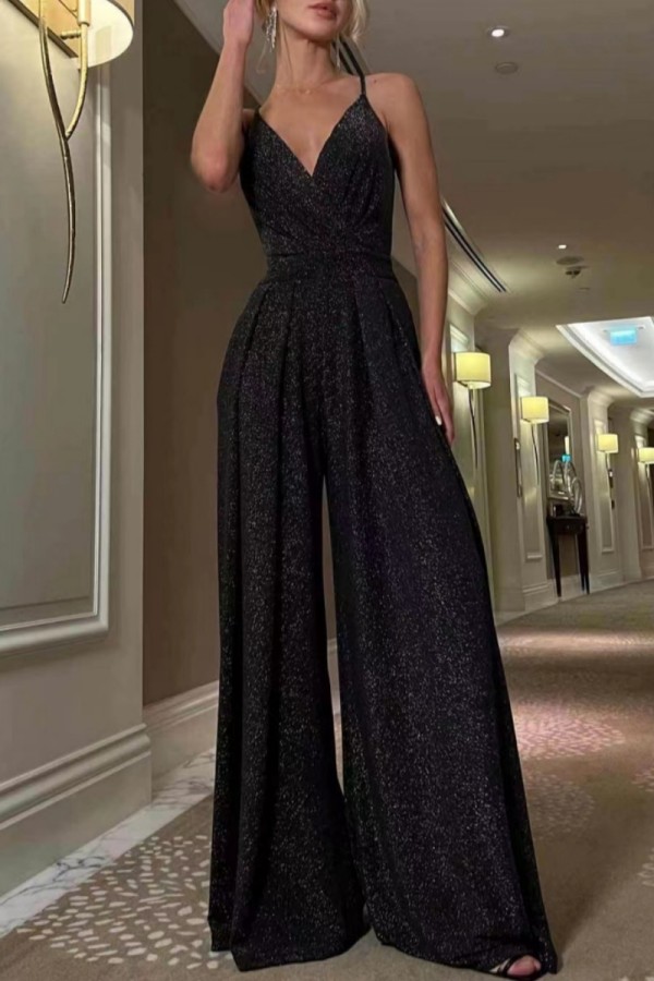 Black Sexy Casual Solid Color Backless V Neck Bodycon Jumpsuits