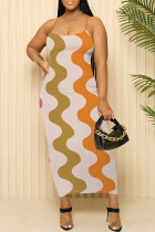 Orange Green Sexy Striped Print Contrast U Neck Printed Dresses