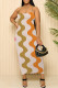 Orange Green Sexy Striped Print Contrast U Neck Printed Dresses