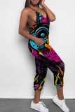 Multicolor Casual Print Patchwork Spaghetti Strap Regular Jumpsuits