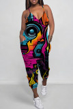 Multicolor Casual Print Patchwork Spaghetti Strap Regular Jumpsuits