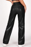 Black Casual Solid Color Patchwork Straight Conventional Solid Color Trousers