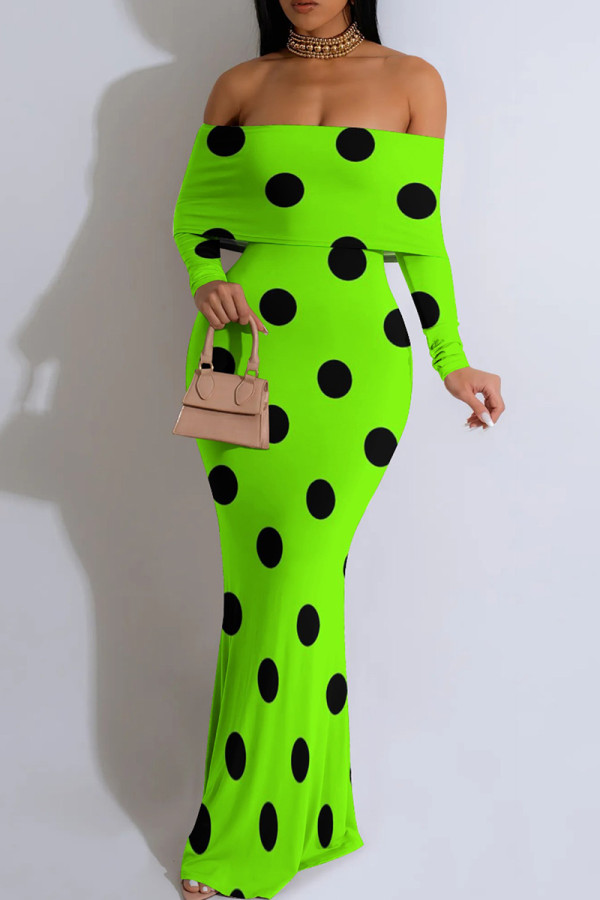 Green Sexy Polka Dot Patchwork Off Shoulder Long Dresses