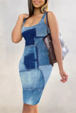 Medium Blue Sexy Faux Denim Print Contrast U Neck Printed Dresses