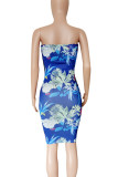 Blue Sexy Print Hollow Out Patchwork Cross Straps Strapless Wrapped Skirt Dresses