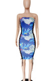 Blue Sexy Print Hollow Out Patchwork Cross Straps Strapless Wrapped Skirt Dresses