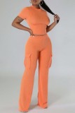 Orange Casual Solid Color Pocket O Neck Short Sleeve Two Pieces
