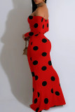 Red Sexy Polka Dot Patchwork Off Shoulder Long Dresses
