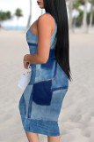 Medium Blue Sexy Faux Denim Print Contrast U Neck Printed Dresses