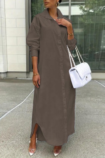 Khaki Casual Solid Color Buttons Turndown Collar Shirt Dresses