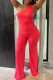 Red Sexy Casual Solid Color Backless Oblique Collar Skinny Jumpsuits