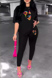 Black Casual Print Patchwork O Neck Short Sleeve Two Pieces