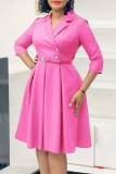 Pink Casual Solid Color With Belt Turndown Collar A Line Dresses