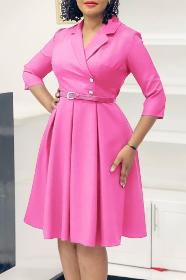 Pink Casual Solid Color With Belt Turndown Collar A Line Dresses