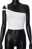White Sexy Solid Color Hollow Out Patchwork Oblique Collar Tops
