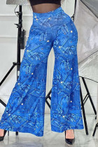 Blue Casual Print Boot Cut High Waist Speaker Full Print Trousers