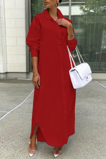 Red Casual Solid Color Buttons Turndown Collar Shirt Dresses