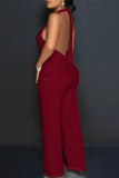 Burgundy Casual Solid Color Lace Up Backless Halter Loose Jumpsuits