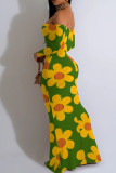 Yellow Sexy Flowers Patchwork Backless Off Shoulder Long Dresses