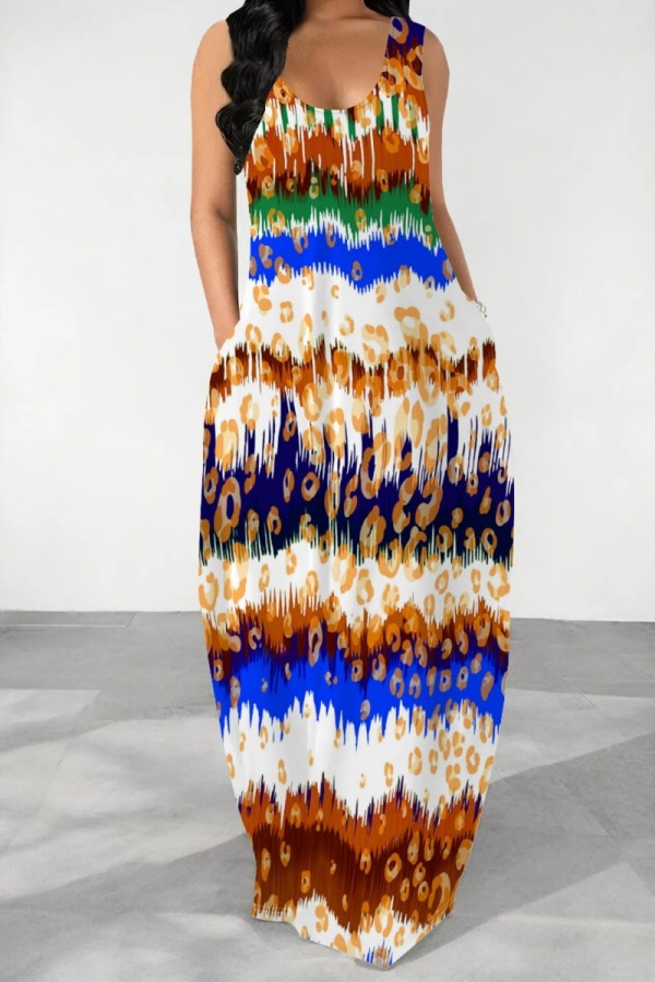 Multicolor Casual Print Basic U Neck Long Dresses