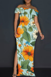 Apricot Elegant Print Patchwork Backless Off Shoulder Long Dresses