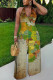 Green Sexy Casual Print Lace Up Backless Halter Bodycon Jumpsuits