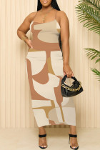Beige Sexy Striped Print Contrast U Neck Printed Dresses