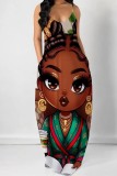 Rose Red Casual Figure Print Backless Spaghetti Strap Long Dresses